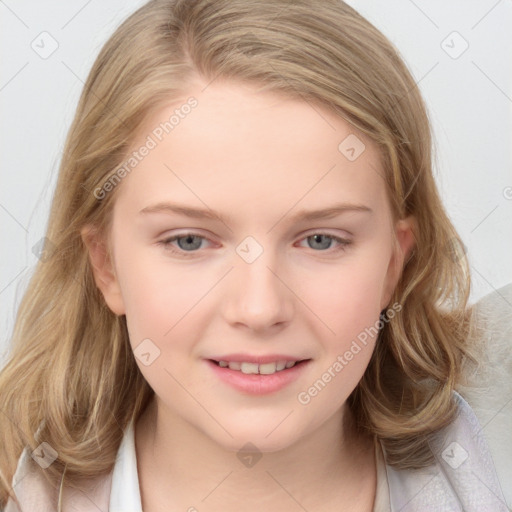 Joyful white child female with medium  brown hair and blue eyes