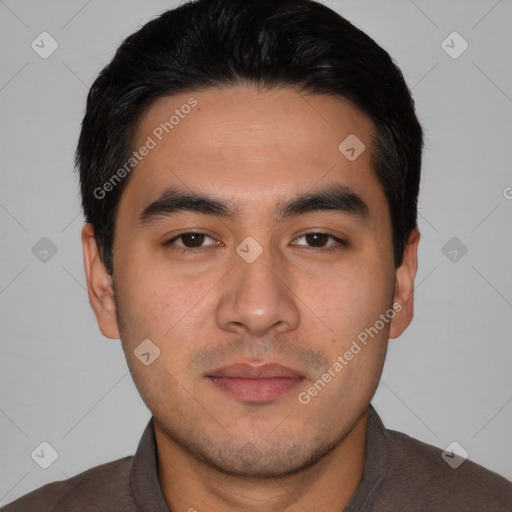 Neutral white young-adult male with short  black hair and brown eyes