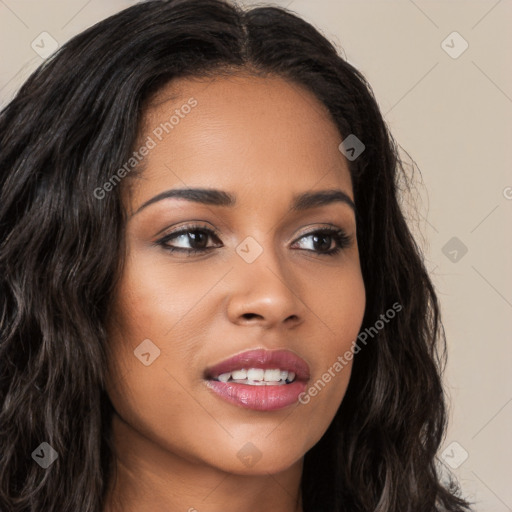 Joyful latino young-adult female with long  brown hair and brown eyes