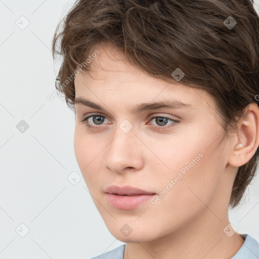 Neutral white young-adult female with medium  brown hair and brown eyes