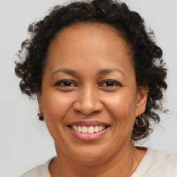 Joyful black adult female with medium  brown hair and brown eyes