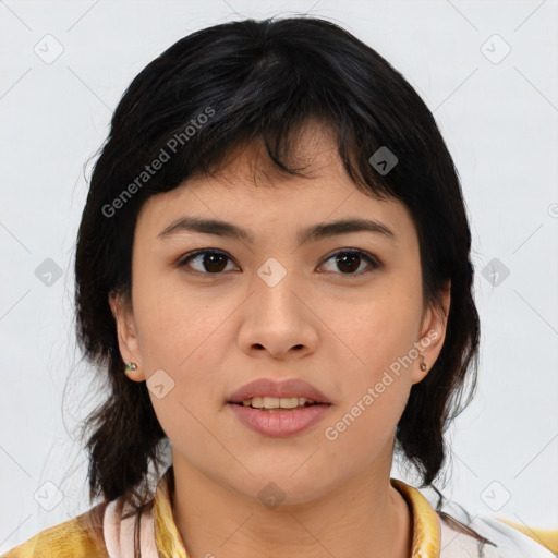 Joyful asian young-adult female with medium  black hair and brown eyes