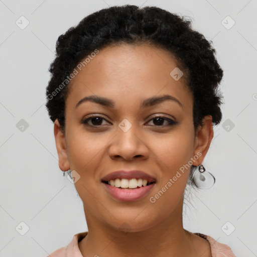 Joyful latino young-adult female with short  black hair and brown eyes