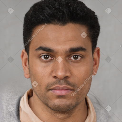 Neutral latino young-adult male with short  black hair and brown eyes