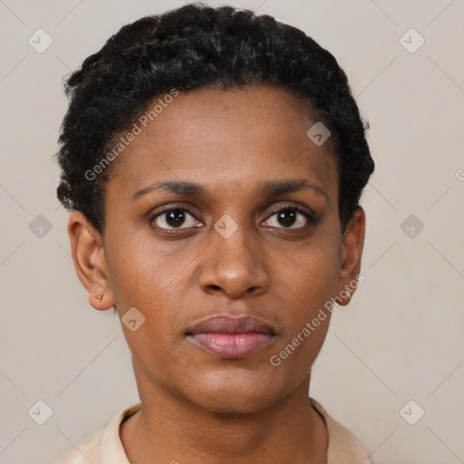 Neutral black young-adult female with short  black hair and brown eyes