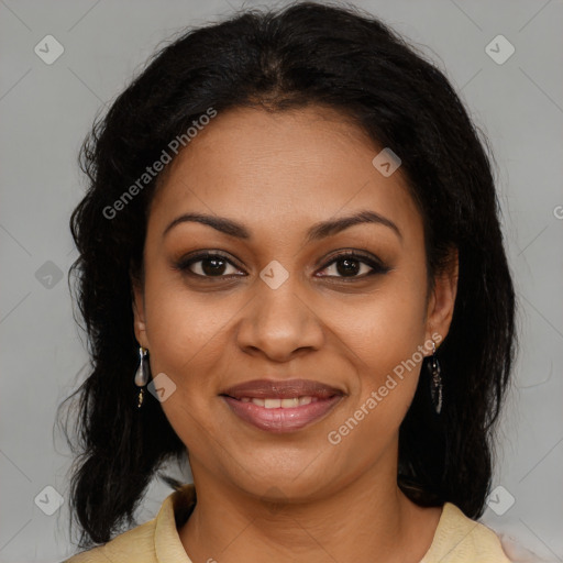 Joyful black young-adult female with medium  brown hair and brown eyes