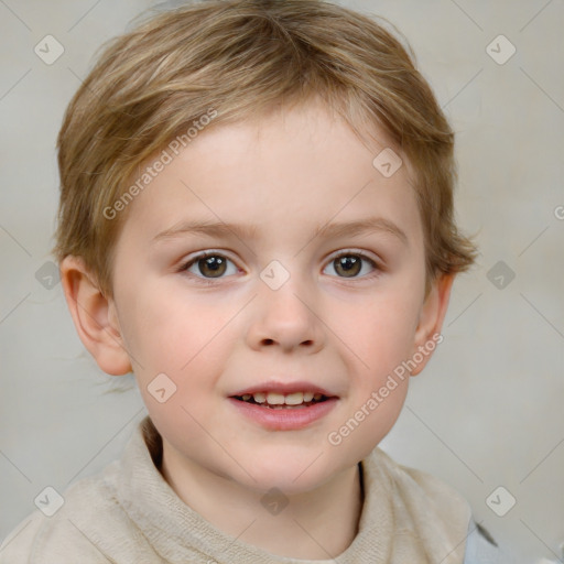 Joyful white child female with short  brown hair and brown eyes