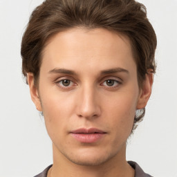 Neutral white young-adult female with short  brown hair and brown eyes