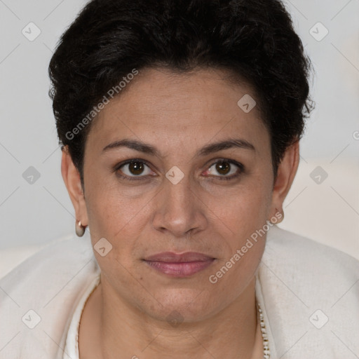 Joyful white adult female with short  brown hair and brown eyes