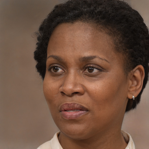 Joyful black adult female with short  brown hair and brown eyes