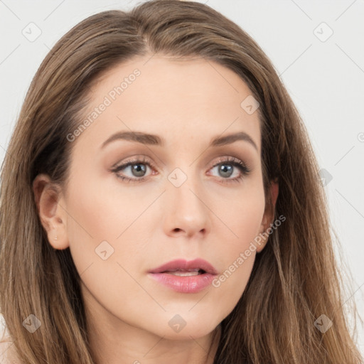 Neutral white young-adult female with long  brown hair and grey eyes