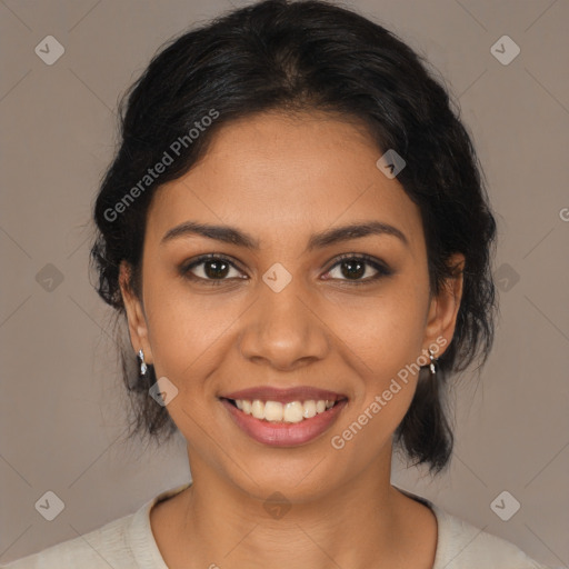 Joyful latino young-adult female with medium  brown hair and brown eyes