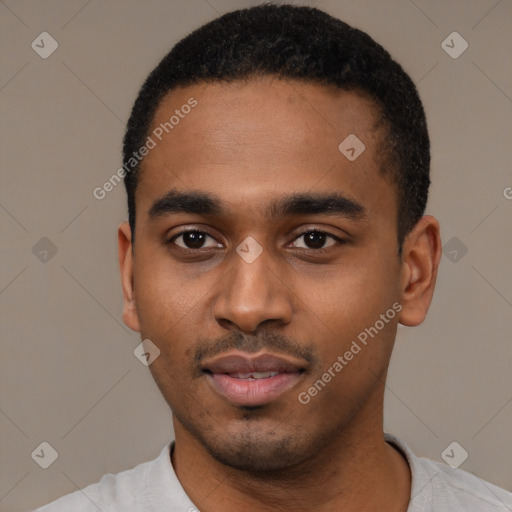 Neutral black young-adult male with short  black hair and brown eyes