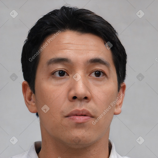 Neutral asian young-adult male with short  black hair and brown eyes