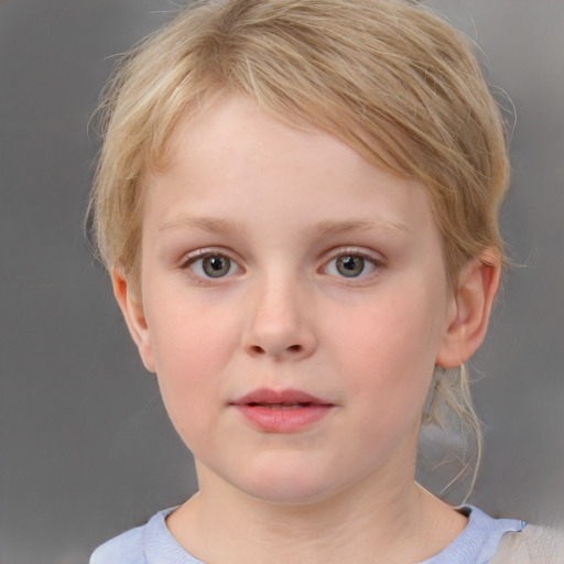 Neutral white child female with medium  brown hair and grey eyes