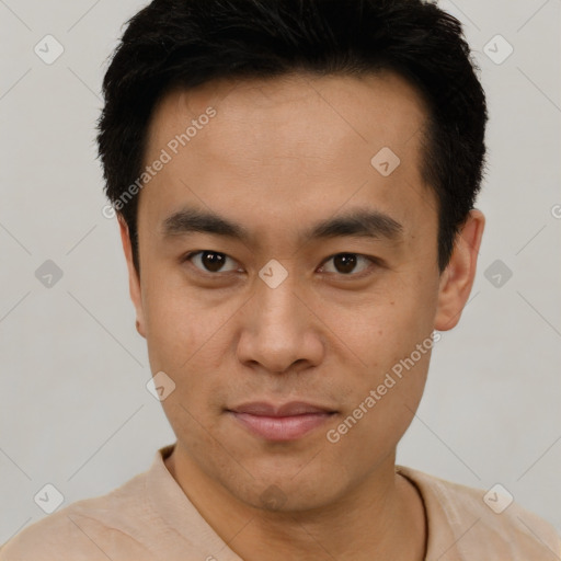 Neutral asian young-adult male with short  black hair and brown eyes