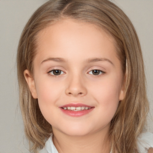 Joyful white child female with medium  brown hair and brown eyes