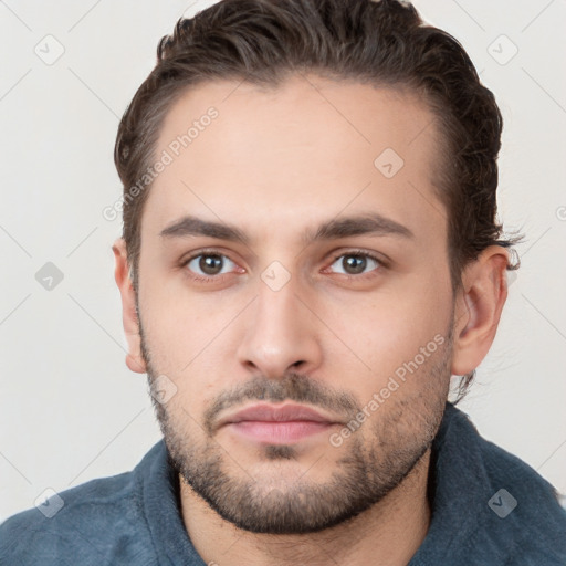 Neutral white young-adult male with short  brown hair and brown eyes