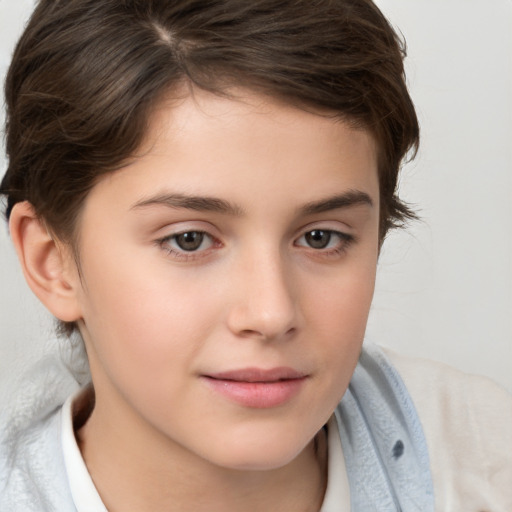 Joyful white child female with medium  brown hair and brown eyes