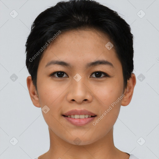 Joyful asian young-adult female with short  black hair and brown eyes