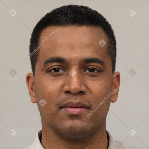 Neutral latino young-adult male with short  black hair and brown eyes