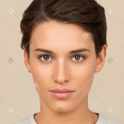 Neutral white young-adult female with short  brown hair and brown eyes