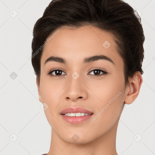 Joyful white young-adult female with short  brown hair and brown eyes