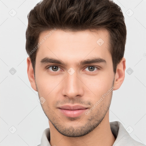 Neutral white young-adult male with short  brown hair and brown eyes