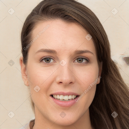 Joyful white young-adult female with long  brown hair and grey eyes