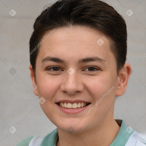 Joyful white young-adult female with short  brown hair and brown eyes