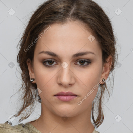 Neutral white young-adult female with medium  brown hair and brown eyes