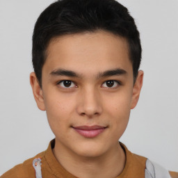 Joyful latino young-adult male with short  brown hair and brown eyes