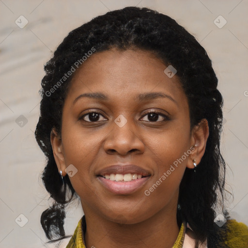 Joyful black young-adult female with medium  black hair and brown eyes