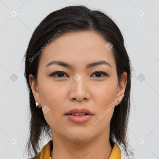 Joyful asian young-adult female with medium  brown hair and brown eyes