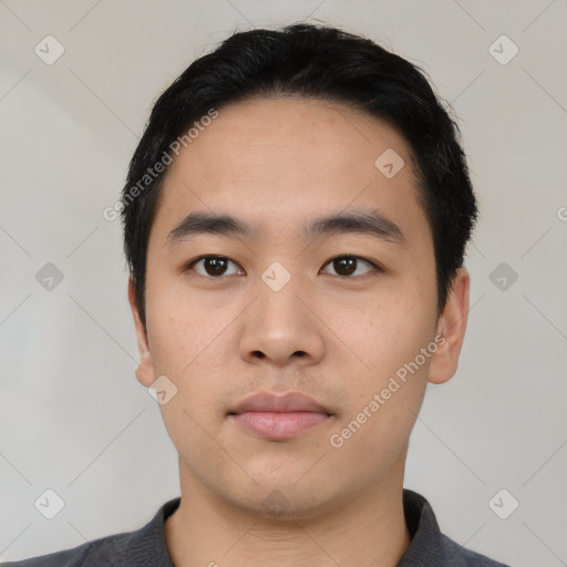 Neutral asian young-adult male with short  black hair and brown eyes