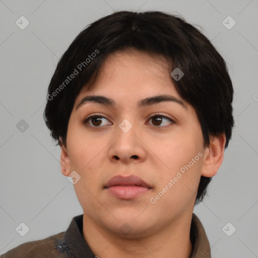 Neutral asian young-adult female with short  brown hair and brown eyes