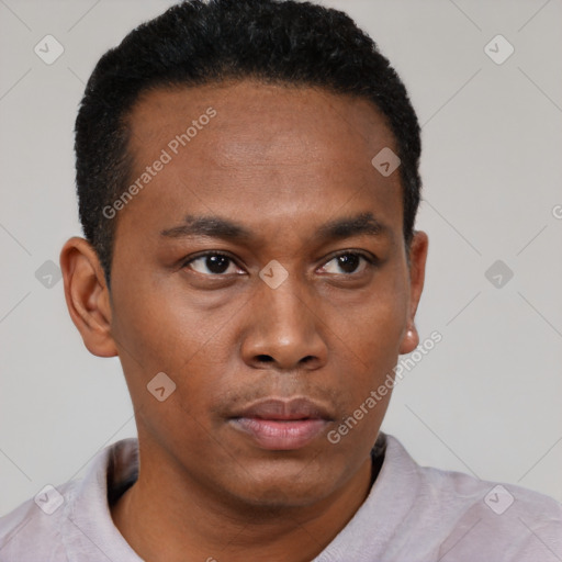 Neutral black young-adult male with short  black hair and brown eyes