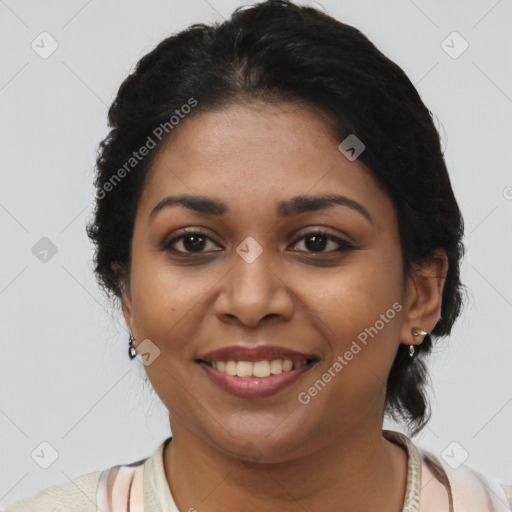 Joyful latino young-adult female with short  black hair and brown eyes