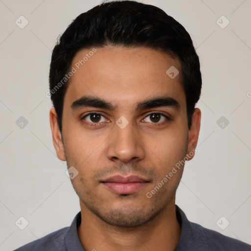 Neutral latino young-adult male with short  black hair and brown eyes