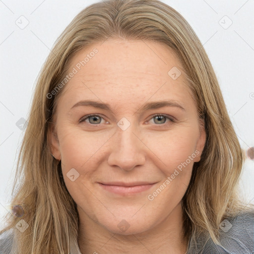 Joyful white young-adult female with long  brown hair and grey eyes