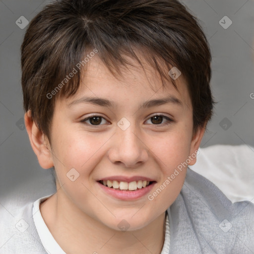 Joyful white child female with short  brown hair and brown eyes