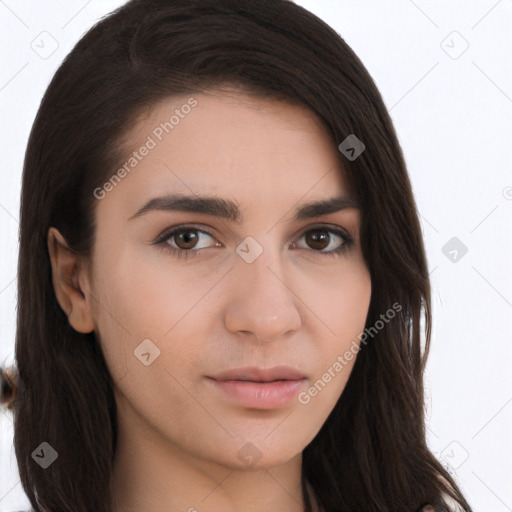 Neutral white young-adult female with long  brown hair and brown eyes