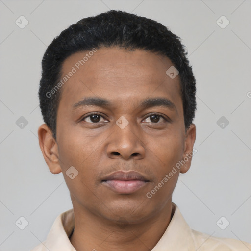 Neutral black young-adult male with short  black hair and brown eyes