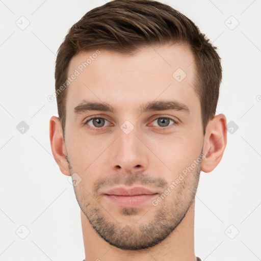 Neutral white young-adult male with short  brown hair and brown eyes