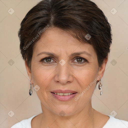 Joyful white adult female with short  brown hair and brown eyes