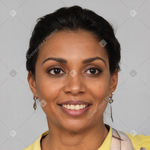 Joyful latino young-adult female with short  brown hair and brown eyes