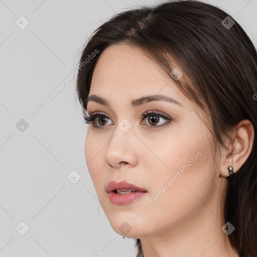 Neutral white young-adult female with medium  brown hair and brown eyes