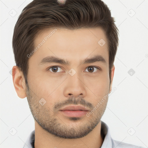 Neutral white young-adult male with short  brown hair and brown eyes