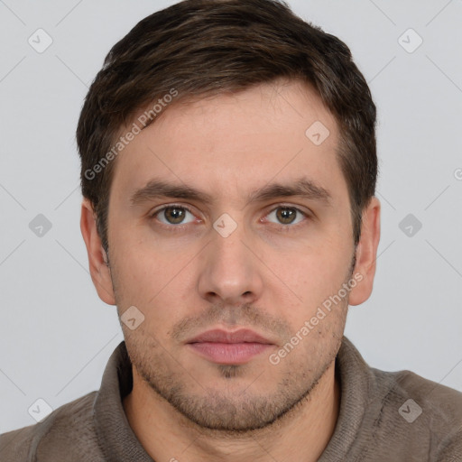 Neutral white young-adult male with short  brown hair and brown eyes