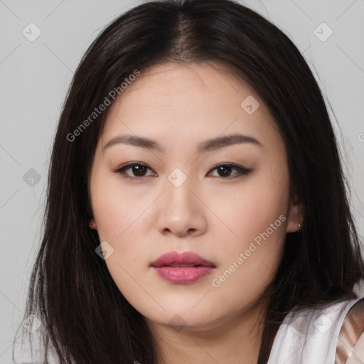 Neutral asian young-adult female with long  brown hair and brown eyes